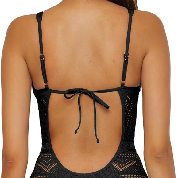 BECCA Color Play One Piece Swimsuit, Plunge Neck, Crochet, Bathing Suits black - Picture 3 of 10